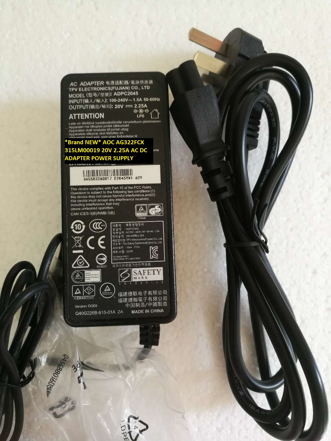 *Brand NEW* 20V 2.25A AC DC ADAPTER AOC 315LM00019 AG322FCX POWER SUPPLY